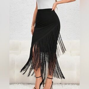 Black Fringe Asymmetrical Skirt